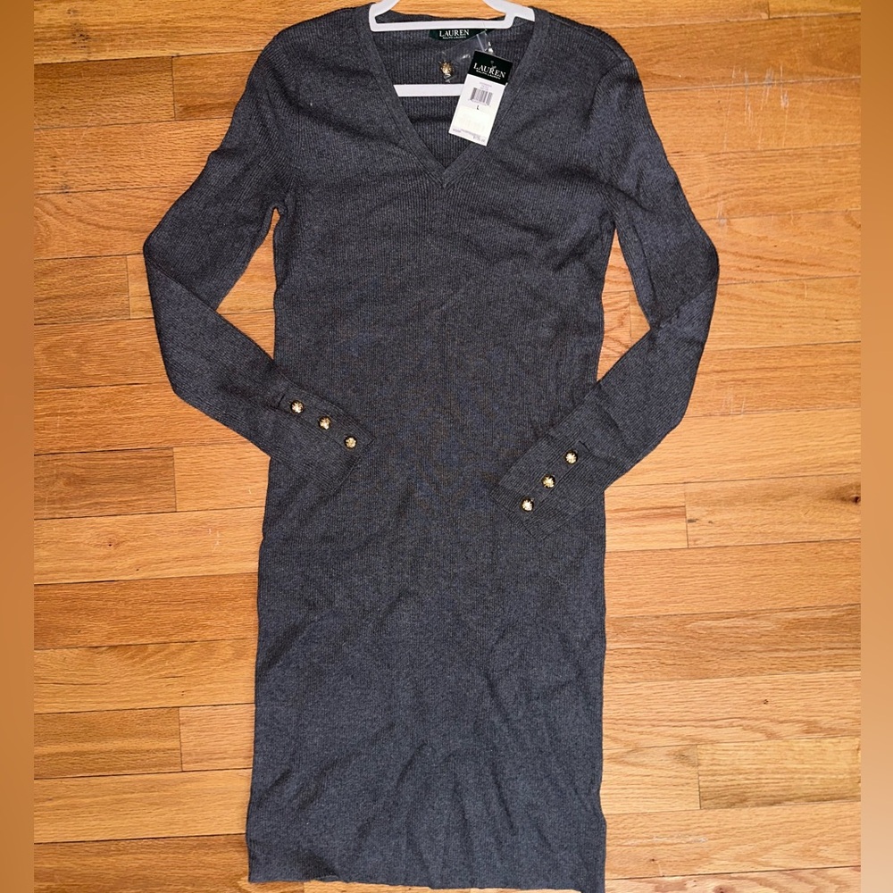 Ralph Lauren V-Neck Ribbed Midi Sweater Dress